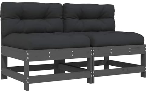 Mhdvray 2er Set Mittelsofa Grau 62x62x70,5 cm aus massivem Kiefernholz mit Latten-Design und bequemen Oxford-Kissen, modulares Lounge Sofa für Garten Terrasse Balkon