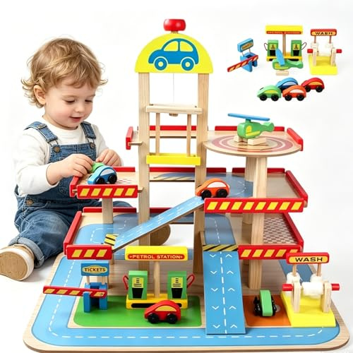Ccarzzi Car Garage Toy, 4 Storey Wooden Car Garage with Cars, Helicopter, Car Ramp, Petrol Station, Parking Lot Role Play Toys for Toddlers 3 Years Old