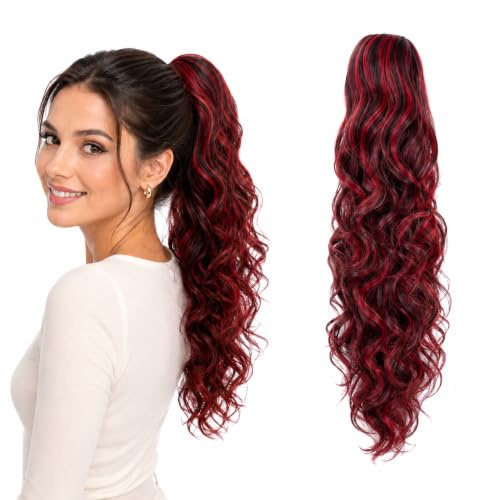 CAISHA 45cm Lang Haarteil Zopf Pferdeschwanz Haarverlängerung Mit Kordelverschluss Voluminös Gelockt Schwarz Rot Mix PH38