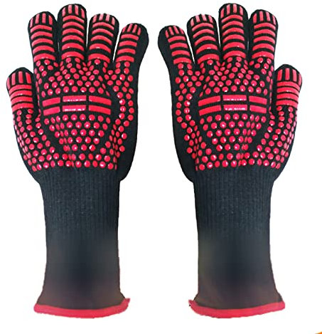 POWERTOOL BBQ Handschuhe, Grillhandschuhe Hitzebeständige Ofenhandschuhe, BBQ Handschuhe Hitzebeständig bis 800℃/1772℉ mit EN407 Zertifiziert für BBQ, Grill, Kochen, Schweißen (Rotes
