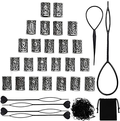 24 st vikingahårpärlor, skäggpärlor, 6 st, draghårnål, snabbpärla, 100 st svarta gummiband och en väska