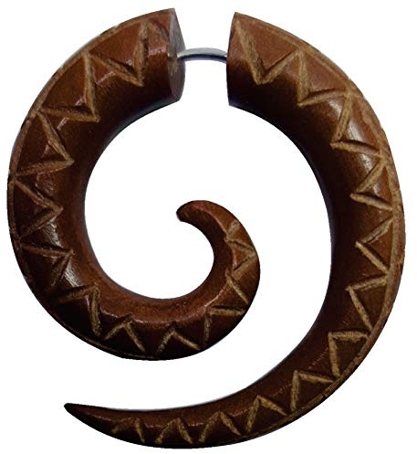 CHICNET - Piercing Falso para Hombre y Mujer, de Madera en Color marrón Rojizo con Cierre de Clip de Acero Inoxidable