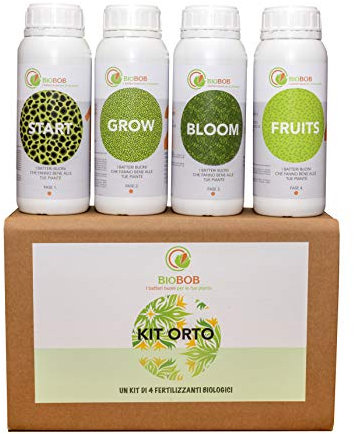 BIOBOB Kit Fertilizzante Biologico per Orto e Piante - 4 Flaconi da 500 gr di Concime concentrato per Tutte Le Fasi della Pianta – Adatto Anche per Indoor e orti Urbani