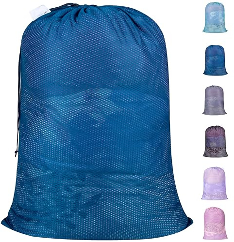 Polecasa Extra Heavy Duty Large Diamond Mesh Laundry Bags with Drawstring Closure & ID Tag, 24 x 36 inches Washable Storage Bag for College, Travel, Sports, Dorms, Blue