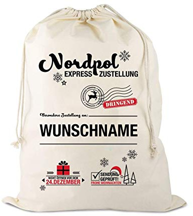 Personalisierbar/Wunschnamen Weihnachtsmannsack XL 75-50cm, Postsack vom Nordpol, Weihnachtsmann Geschenksack, Geschenkbeutel, Gabensack, Nikolaussack, Weihnachten für Kinder, Verpackung Groß
