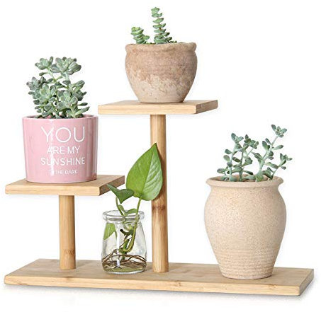 QUMENEY Bamboo Plant Stand Indoor, Mini 3-Tier Mini Tabletop Wood Succulent Plant Stand, Desk Organizer Display Rack for Outdoor Desk Garden Balcony Patio