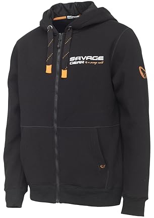 Savage Gear Urban huvtröja med dragkedja – hållbar tung bomull/polyestertröja för sportare, fiske, jakt och camping – mjuk borstad fleece, justerbar passform, stora framfickor XXL svart bläck