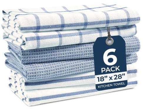 LANE LINEN Kitchen Towels - 6 Pack Indigo Striped Cotton Dish Cloths, 18”x 28”, Absorbent, Quick Drying