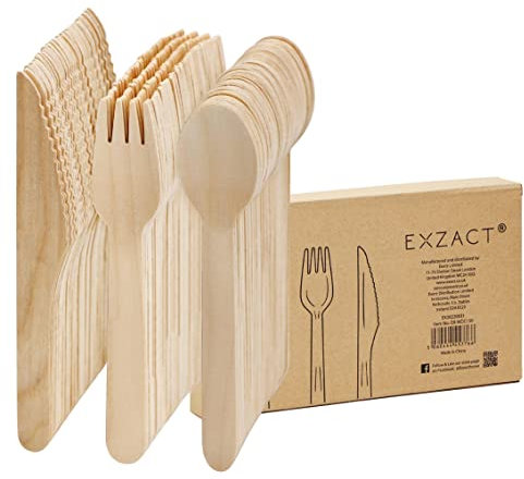 EXZACT Couverts jetables en bois 150 pièces - Cuillères jetable - Fourchettes et cuillères de fête, voyage et barbecue