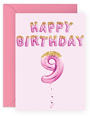 Tarjeta de 9 cumpleaños para niñas, tarjetas de cumpleaños de 9 años, globos de fiesta rosados, tarjeta de noveno cumpleaños para hija, nieta, sobrina, viene con divertidas pegatinas - por Central 23