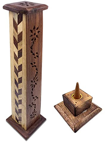 Bruciatore di incenso (incensiero) Torre in legno intagliato a mano in India - Design Rompi. 30x8x8 cm - Peso 190 g Porta Incenso Legno