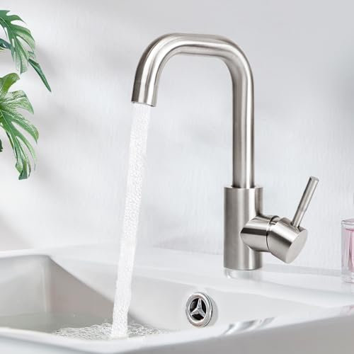 Mursche Rubinetto per lavabo, rubinetto a bassa pressione, rubinetto per acqua fredda con beccuccio, altezza 100 mm, rubinetto in acciaio inox, per bagno, nichel spazzolato