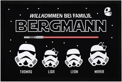 SpecialMe® Fußmatte mit Namen Familie personalisiert Willkommen Sternensaga Film-Parodie rutschfest & waschbar Weiss 60x40cm
