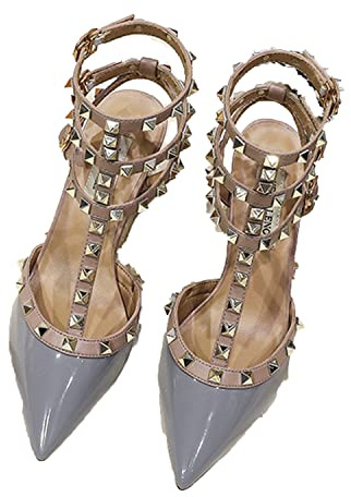 WOilERQ Women's Pointed Toe Heels fashion stud Low Block Chunky Pumps studded T-strap Ankle Strap Buckle Dress Sandals Closed Toe Classic Comfortable low heels Shoes