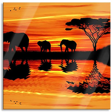Pixxprint Glasbild, Wandbild auf Echtglas, Afrika Elefant in Sonnenschein, 40x40 cm, inkl. Aufhängung und Abstandshalter