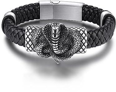 GoldChic JEWELRY Bracciale Uomo in pelle, stile punk gotico serpente/teschio nero, braccialetto multistrato in cordino di pelle incrociata 19-23 cm, bracciale cuoio