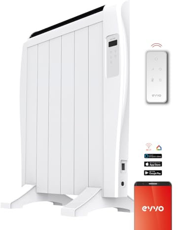 Radiador Emisor Térmico EVVO C6 Blanco, 900W, hasta 12m2, Instalación Suelo o Pared, Control por Voz, Google Home, 6 elementos, Bloqueo infantil, Wifi, Control remoto, Temporizador, Display LCD