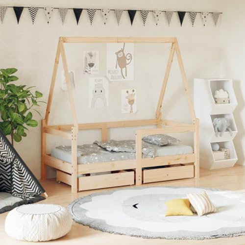 Festnight Kinderbett mit Schubladen 70x140 cm Hausbett für Jungen & Mädchen Bett Kinder mit Rausfallschutz Jugendbett Holzbett Einzelbett Holz Bettrahmen Bettgestell mit Lattenroste