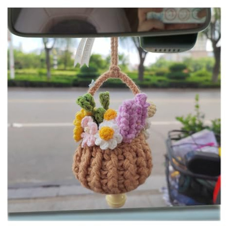 CGEAMDY Car Mirror Hanging, Car Decoration Hand Knitted Pendant, Cute Potted Plants Crochet Car Mirror Hanging Accessories, Rear View Mirror Hand Knitted Hanging For Backpacks, Home Decoration