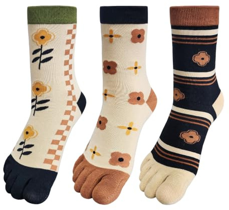 HOMSSEM Womens Girls Toe Socks Five Fingers Cute Colorful Ankle Athletic Running Toe Seperated (Choco Blossom 3Pair)