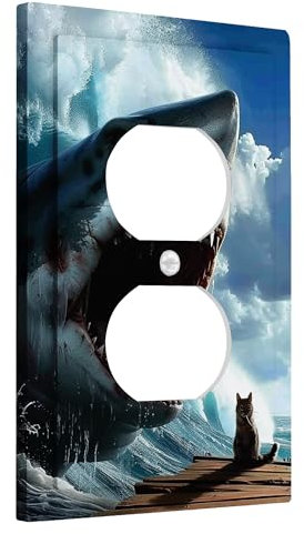Ocean Shark - Placa de cubierta para interruptor de luz, elegante, gato, costero, pescado, velero, blanco, azul, termoplástico, decoración de cocina, oficina, sala de estar, salida dúplex individual