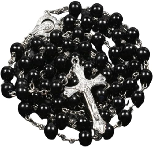 Kuesn 8mm Pearl Rosary Beads Catholic Necklace Glass Beads Necklace with Crucifix Charms Long Rosary Prayer Catholic for Women Gifts (Black)