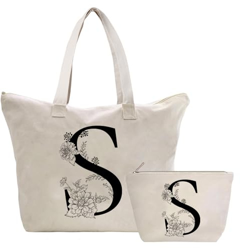 Toozen Personalizadas Bolso Tote de Mujer con Inicial, Bolsa de lona con Bolsillo Interior, Bolsa de Compras con Bolso de Cosméticos, Regalos para Damas Mejor Amigas Mamá, Regalo Cumpleaños Navidad S