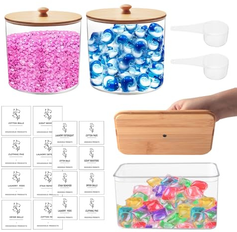 3 Stück Waschmittel Pod Aufbewahrung, Hohe Kapazität Kunststoff Waschpulver Aufbewahrungsbox mit Bambusdeckel, Badezimmer Waschmittel Organizer für Badebomben, Wäscheparfüm, Waschpads, Trockner Blatt