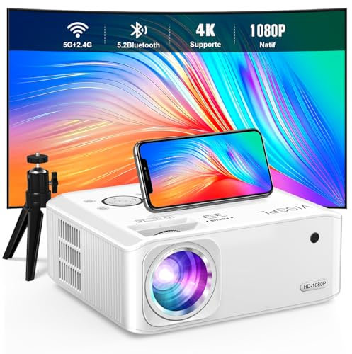Beamer [Elektrische Keystone 6D/4P] Beamer 4K Heimkino 26000 Lumen, VISSPL Full HD 1080P WiFi Bluetooth Beamers Handy Outdoor, PPT, ±50° Zoom, Projektor kompatibel mit TV-Box/PS5/iOS/Android-Telefon
