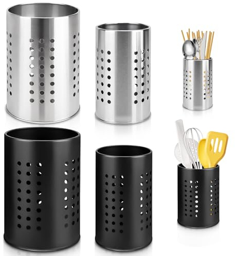 MOAMUN 4 PCS Utensil Holder Kitchen Utensils Holder, Stainless Steel Cutlery Holder Cutlery Drainer Spoon Holder for Sink, Utensil Pot Utensil Drainer for Countertop Forks Knives Spoons(Slivery Black)