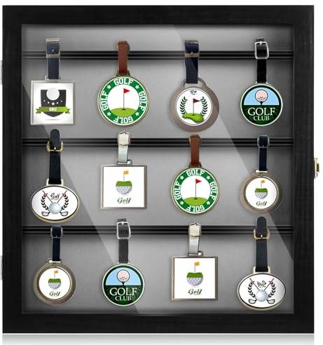 Silipull Vitrine für Golftaschen-Anhänger, für 40 Taschenanhänger, 41 x 39 x 4,5 cm, Wandhalterung, Holz-Golftaschen-Anhänger, Display mit 98 % UV-Acryl, Tür, abschließbare Aufbewahrungsbox für
