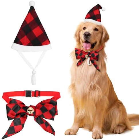 COLLBATH Hund Weihnachtsmütze Satz Kostüm Mit Fliege Weihnachtsoutfit Für Haustiere Bequemer Hut Für Weihnachten