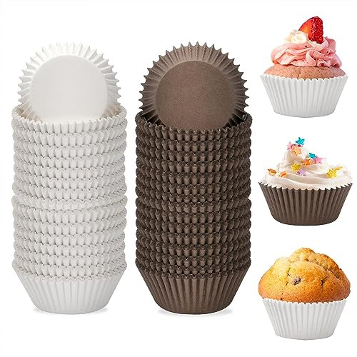 Pirottini di Carta per Cupcake, 400 Pirottini per Muffin Carta, Pirottini da Forno per Pasticcini, Resistenza All'olio, per Muffins Dessert Cioccolatini, Compleanni Feste Matrimoni - Bianco, Marrone