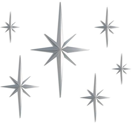Stylor Mid Century Moderne Dekoration Mcm Retro 3D Stern Kunst Wandskulptur Kunststoff Sternendekor Vintage Himmlische Laune Home Decor Akzent (6er-Set, Silber)