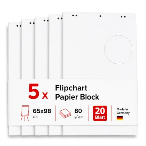 Conipa Flipchart Papier blanko, 5 Blöcke à 20 Blatt, 65×98 cm, weiß | Flipchartpapier 80 g/m² mit 6-fach Universallochung und Perforation, für gängige Flipchart-Ständer in Meetings & Workshops
