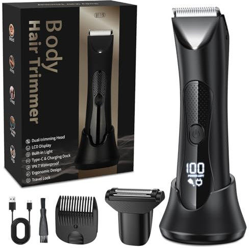 2-in-1 intimrasierer mann, rasierer herren intimbereich mit LED Licht/Anzeige, USB Ladesäule, körperrasierer herren, nass und trocken, intim rasierer männer für Brust Beine Leiste Achselhöhle, IPX7