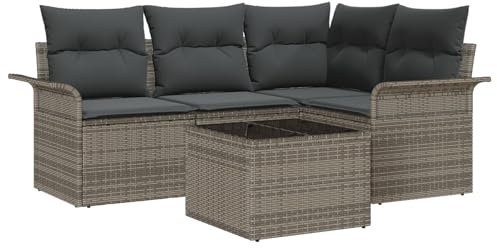 vidaXL 4 Delar Utomhus Trädgårdsoff set Grå Med Kuddar Modulär Sittplats För Patio Och Balkong Hörnbord Poly Rattan Kaffe Sektionell Kudde Lounge Stol Möbler
