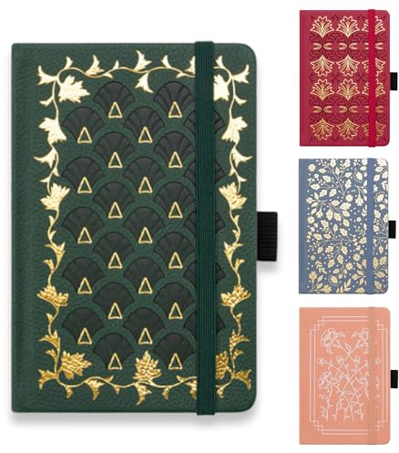 JanYoo A6 Klein Journal Notizbuch, 112 Seiten Mini Notizbücher Hardcover PU Leder Notizblock mit Elastischem Verschlussband/Falttasche/Lesezeichen für Schule, Büro, Künstler Schreiben(Grün)