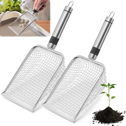 Chingcoo 2 Stück Katzenstreuschaufel, Gartensieb, Kompostsieb, Katzenschaufel Edelstahl, Erdsieb, Gartensieb Erde, Kompostsieb mit Griff, Siebschaufel für Sand Katzenklo Reiniger Scooper (5mm Masche)