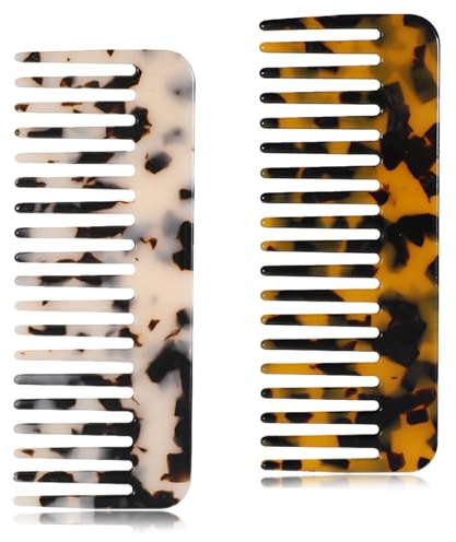 2 Pcs Travel Comb, Portable Mini Wide Tooth Comb No Handle Pocket Size Combs for Women for Thick Curly Wavy Wet and Dry Hair (Beige, Tortoise Shell)