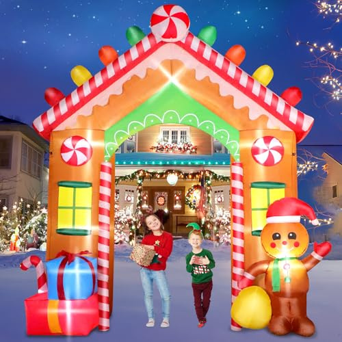 Omdekor 270 CM Arco di Natale Gonfiabile, 9FT Natale Arco Gonfiabile Omino Pan Zenzero, Gonfiabile Decorazione Natalizia per Interni ed Esterni, Casa, Vacanze, Cortile, Prato, Giardino, Feste