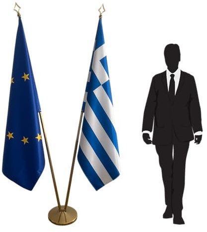 Drapeau officiel Grèce et Union Européenne avec mâts et pied – ensemble diplomatique et protocolaire pour représentations nationales, universités, écoles, conférences et cérémonies. Code CN8-EU-GR-L