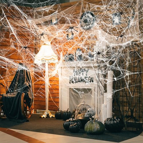 Ragnatela Halloween Decorazioni, Ragnatela di Decorazione di Halloween, 200g Ragnatele, 50 Nero Ragno, 9 Adesivi di Halloween, Decorazioni Halloween Casa Halloween Ragnatela per Addobbi Halloween