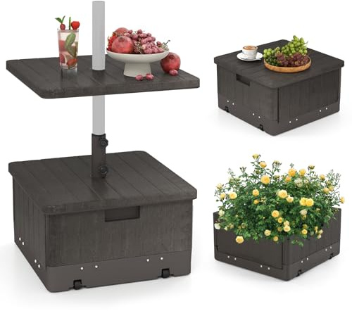 RELAX4LIFE Base de Parasol avec Table Basse Carrée 3-en-1, Pied de Parasol en Métal, Table d'appoint avec Trou pour Parasol, Remplissable d'eau 45L et de Sable 67KG pour Patio Jardin (Marron)