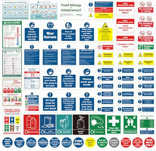 78 Pcs Professional Kitchen Safety Signs, Food Hygiene Vinyl Stickers | Self-adhesive, waterproof, oil-resistant vinyl, for restaurants, cafes, catering and large commercial kitchens