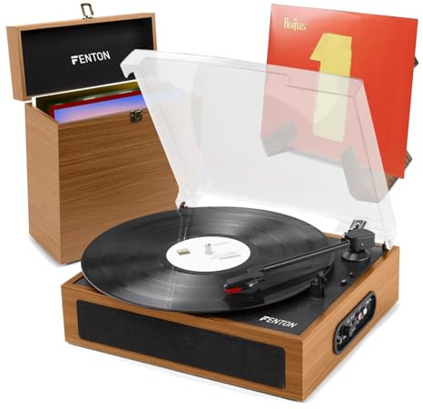 Turntable Vinyl Record Player with Built In Speaker and Bluetooth Connectivity, Retro Wood Finish, Integrated Stereo Speakers, Matching Record Case & Record Stand, 3-Speed Playback
