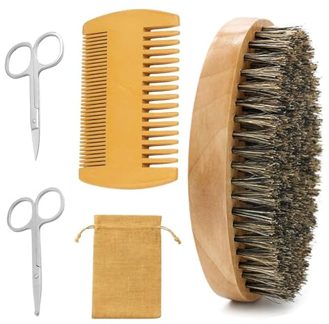5-Piece Grooming Kit with Boar Bristle Beard Brush, Beard Comb, Beard Brush for Men, Nose Hair Trimmer, Eyebrow Scissors, and Storage Pouch, Ideal for Daily Care and Travel