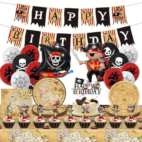 Set de Decoración Pirata para Cumpleaños Infantiles: Cumpleaños Pirata con Gran barco Pirata Globos de Aluminio Platos de Papel Pajitas Servilletas y Soporte para Tartas (Pirate)