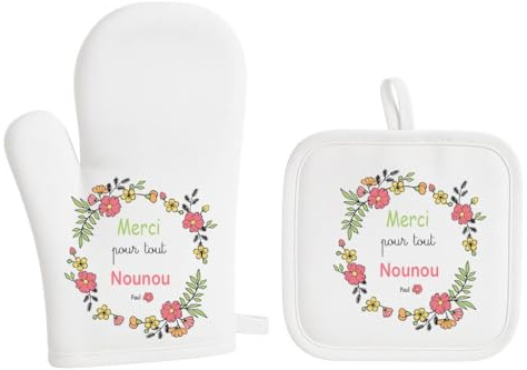 Set Gants et manique personnalisés Merci pour Tout Nounou – Cadeau Noël Nounou – Cadeau fête des nounous – Cadeau Fin d’année Assistante maternelleCadeau Cuisine Nounou