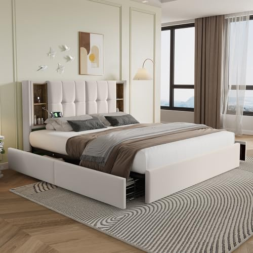 okwish Polsterbett Stauraumbett 160x200cm mit 4 Schubladen, Funktionelles Doppelbett mit Kabellosem Laden, USB und Typ-C, Bettgestell mit Lattenrost, Samt (Ohne Matratze)- Beige
